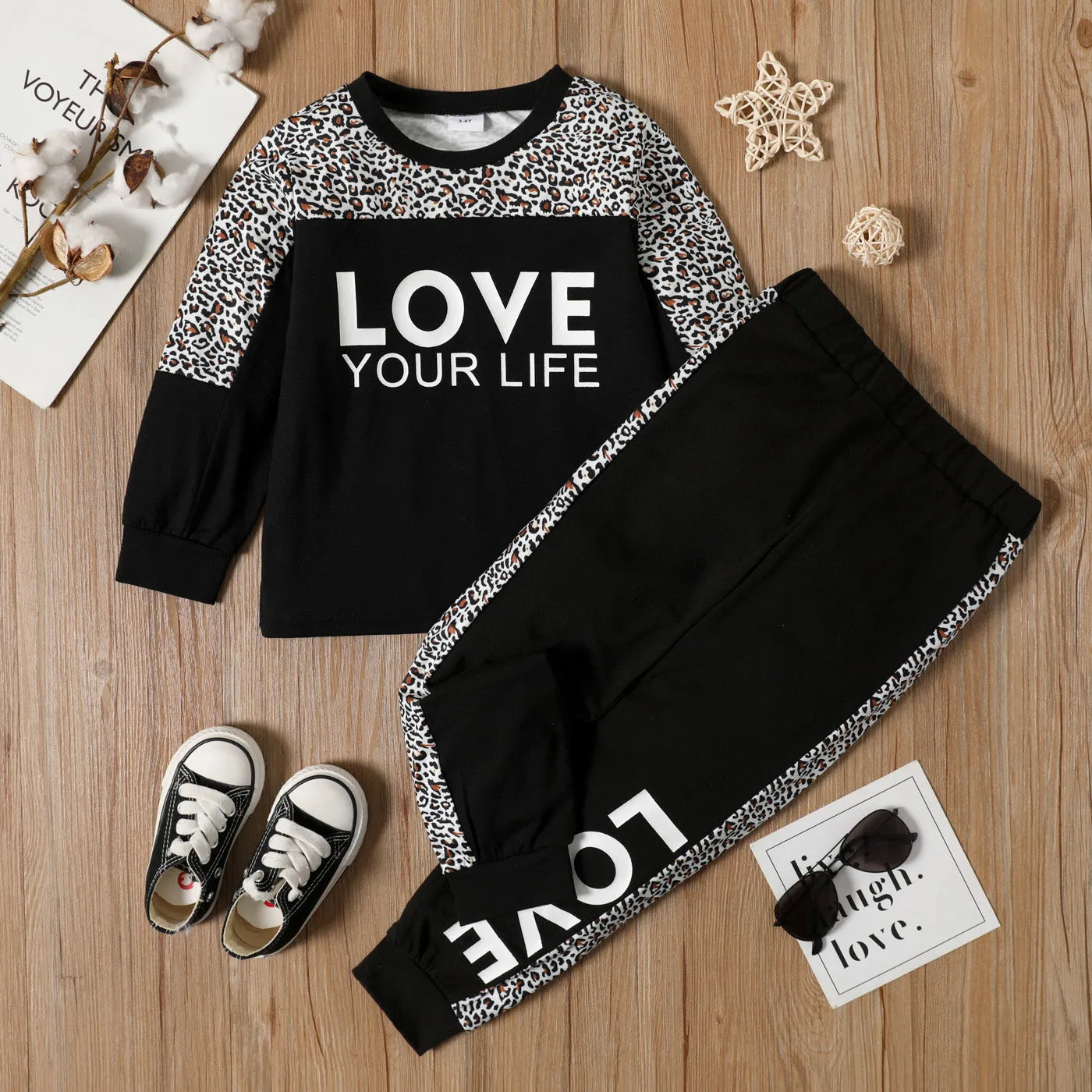 2-piece Toddler Girl Letter Leopard Print Sweatshirt and Pants Set