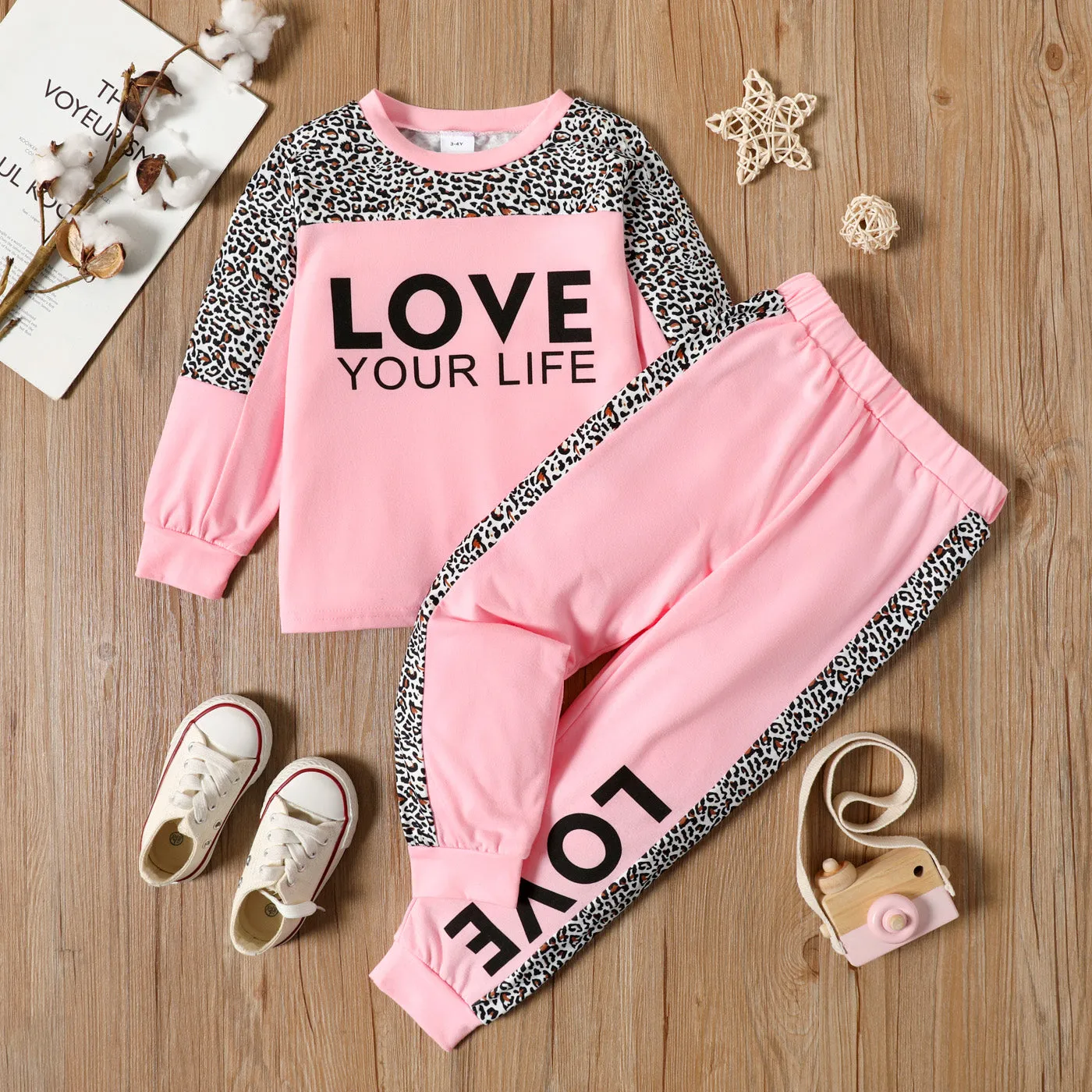 2-piece Toddler Girl Letter Leopard Print Sweatshirt and Pants Set