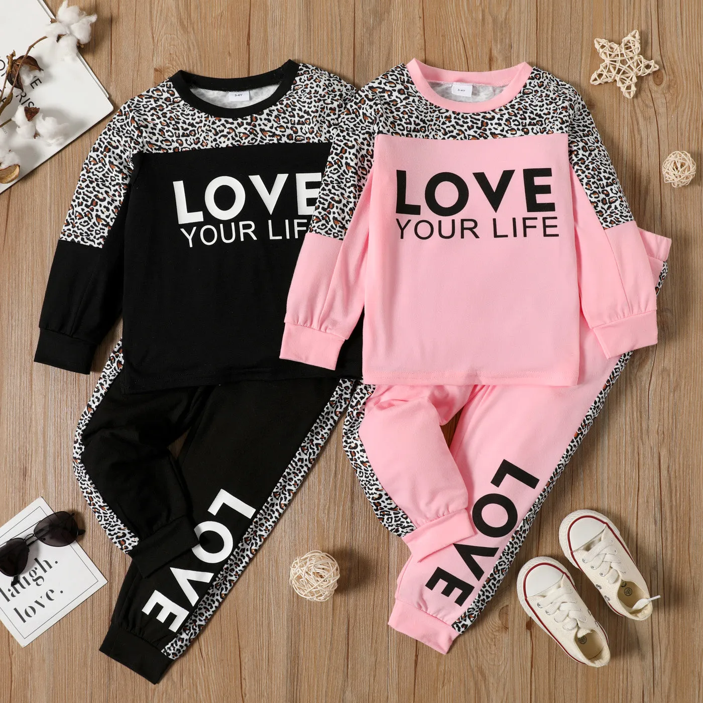 2-piece Toddler Girl Letter Leopard Print Sweatshirt and Pants Set