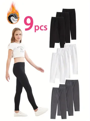 9 Pcs girls' velvet thermal leggings set, solid color, high stretch, comfortable warm pants