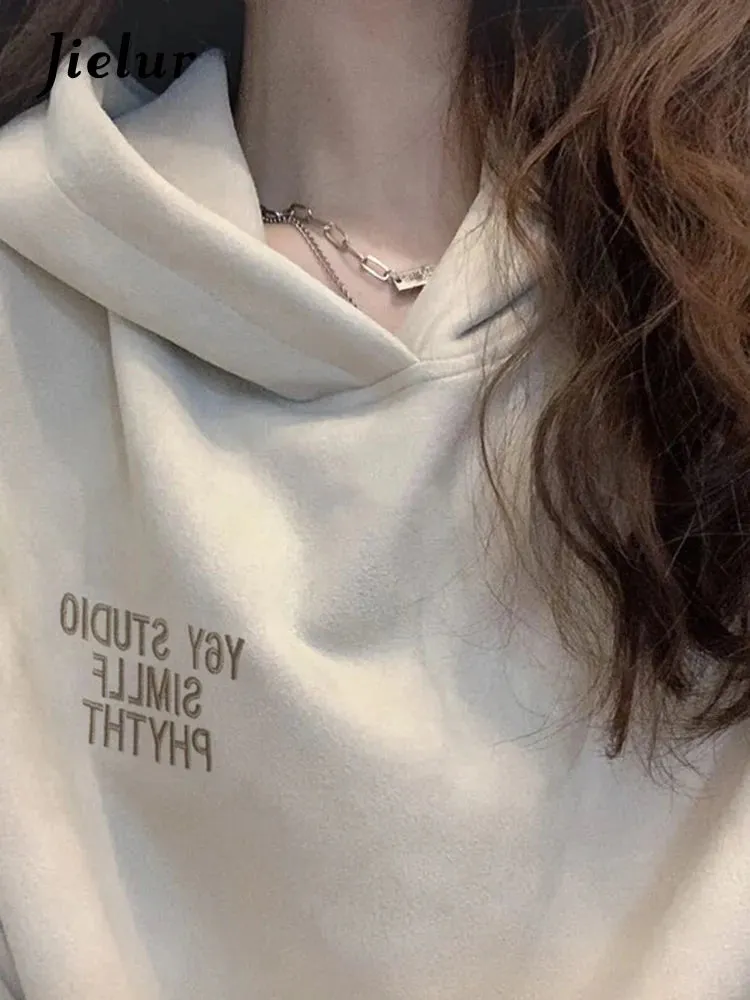 Apricot Ins Letter Printed Chic Hooded Loose Casual Female Hoodies Pure Color Fashion Office Ladies Autumn Women Hoodies