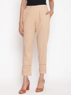 Beige Solid Straight Fit Cotton Pant