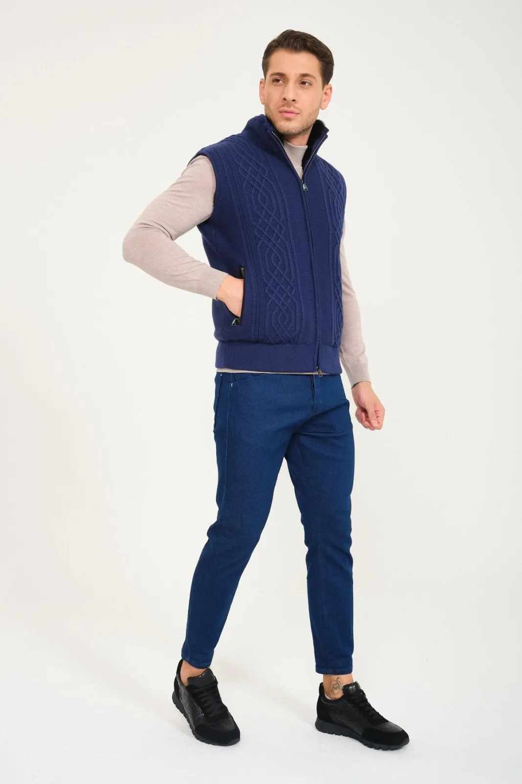 Blue Wool & Rex Fur Knit Vest