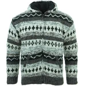 Chunky Wool Knit Abstract Pattern Hooded Cardigan Jacket - 17 Grey