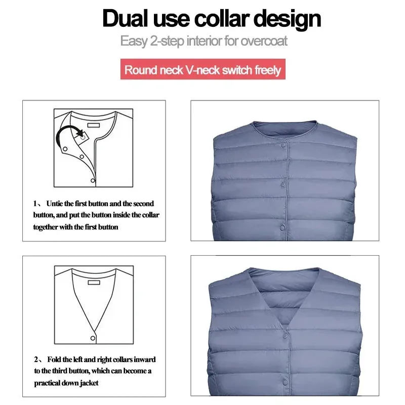 Convertible Puffer Vest Jacket with Dual Use Collar Design – Round Neck and V-Neck Switch 90% White Duck Down Ultra Lightweight