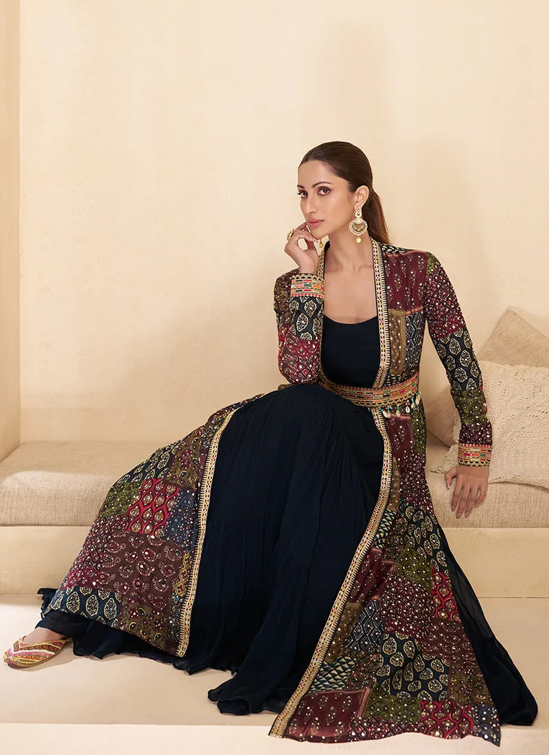 Dark Blue Multicoloured Embroidered Jacket Style Anarkali Gown