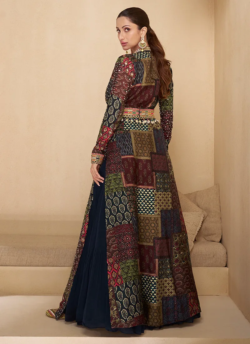 Dark Blue Multicoloured Embroidered Jacket Style Anarkali Gown