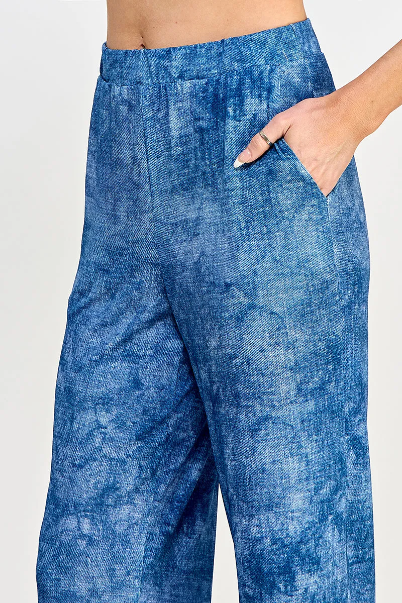 Denim Print Wide Leg Ankle Length Pants-5039HT-ARD1-K-D003