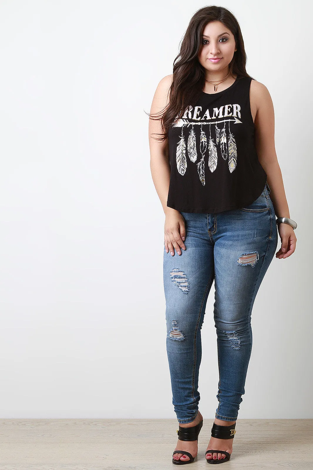 Dreamer Feathers Print Relaxed Sleeveless Tee