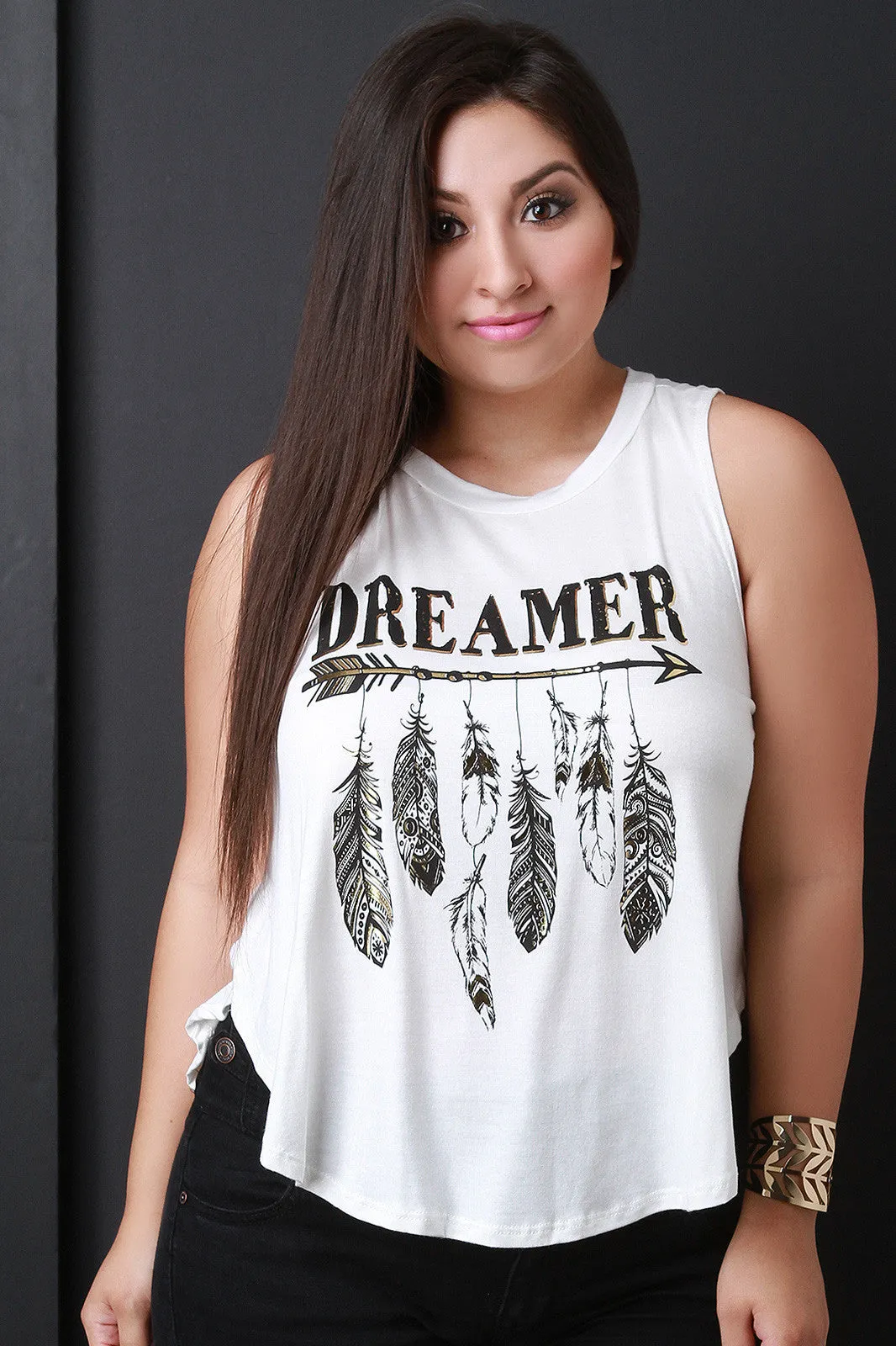 Dreamer Feathers Print Relaxed Sleeveless Tee