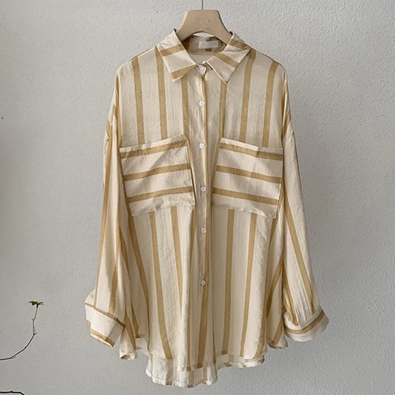 Fashion Striped Women Shirts Loose Korean Long Sleeve Preppy Style Ladies Shirts Casual Pockets Summer Thin Ladies Shirts