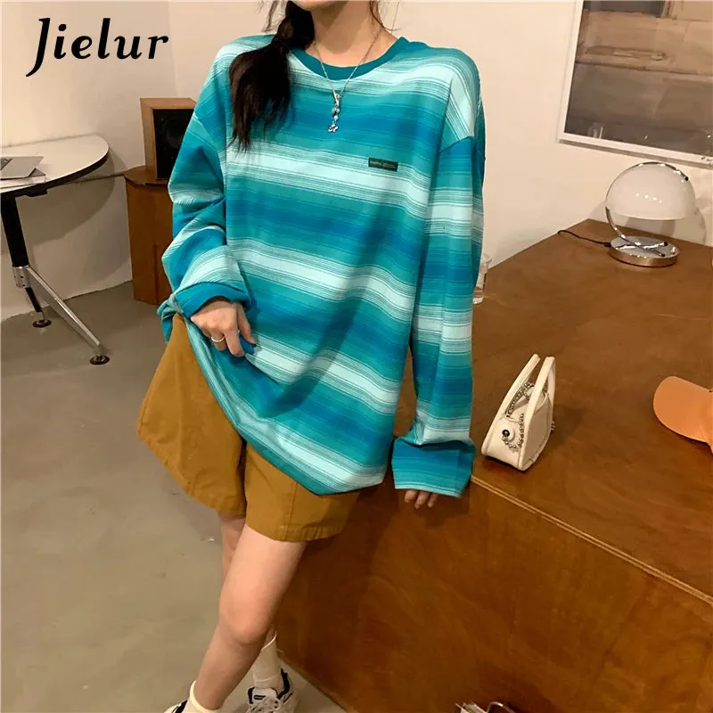 Green Striped Hoodies Women Long-sleeved O-neck Colorful Sweatshirt Female New Harajuku Fashion Orange Pullover M-XL