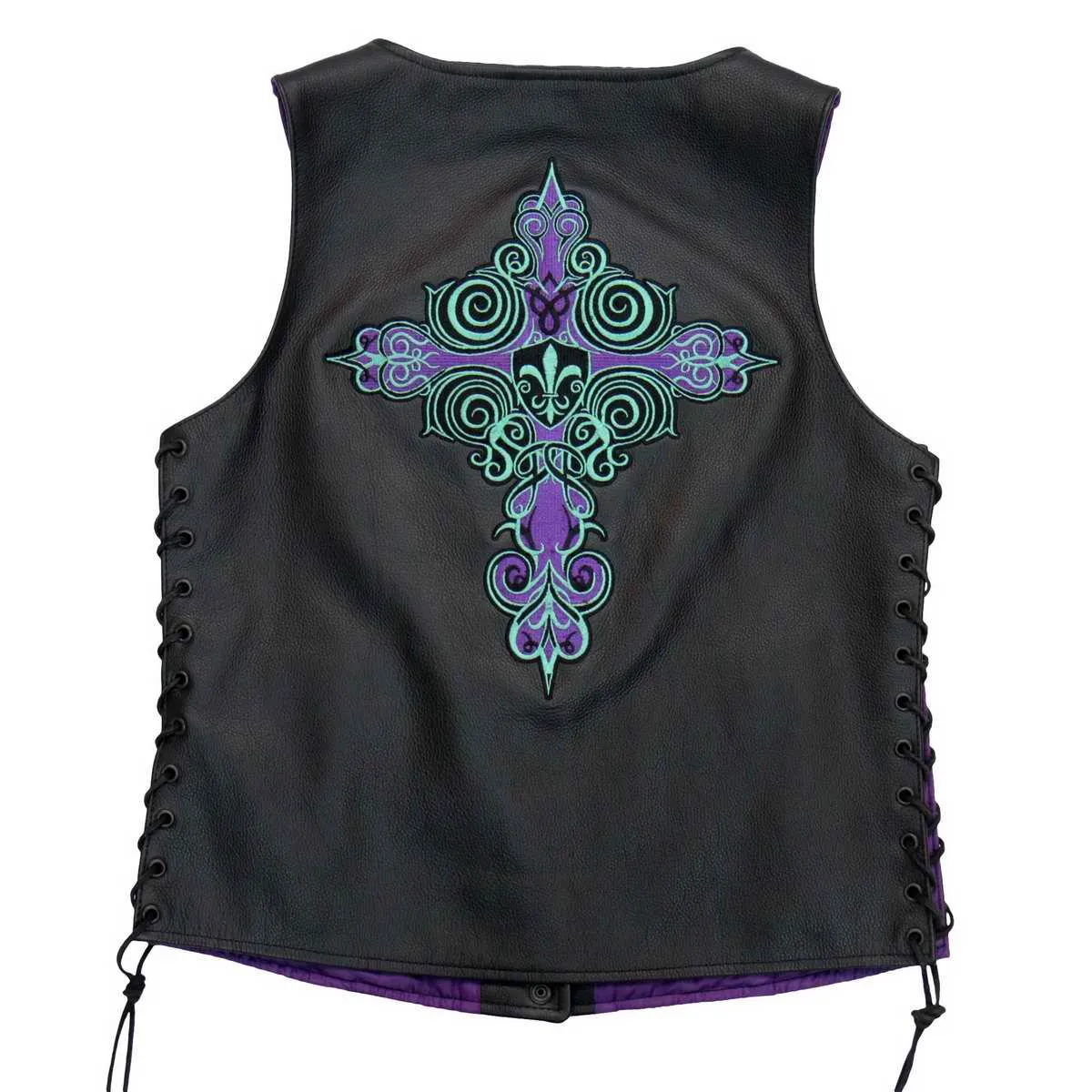 Hot Leathers VSL2001 Ladies Black 'Fleur De Lis Cross' Leather Vest