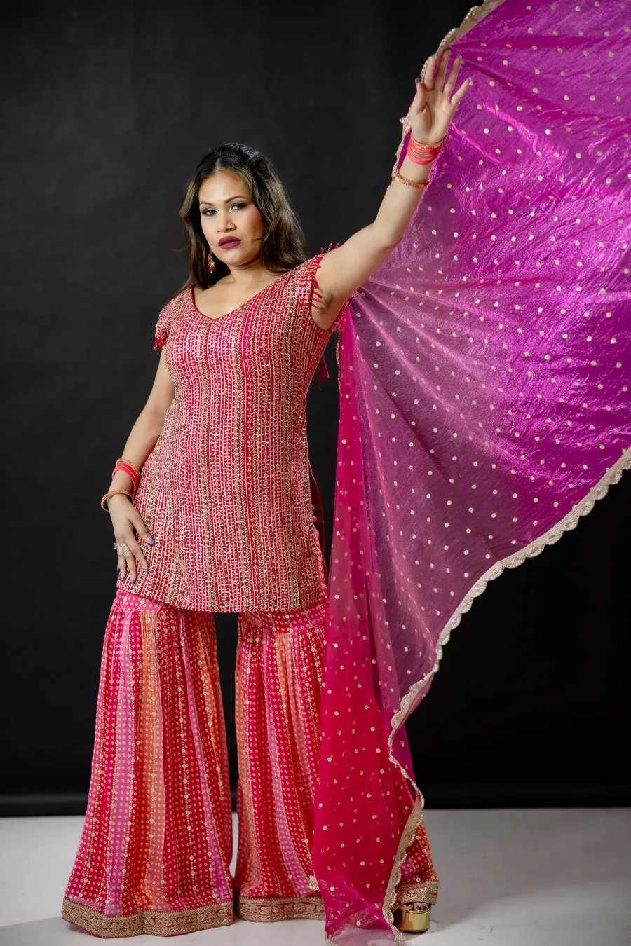 Hot Pink Shirt and Multicolor Gharara Pant Suit.