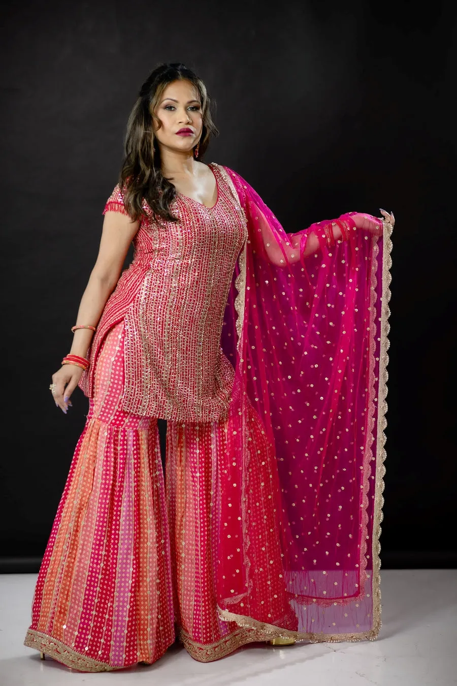 Hot Pink Shirt and Multicolor Gharara Pant Suit.