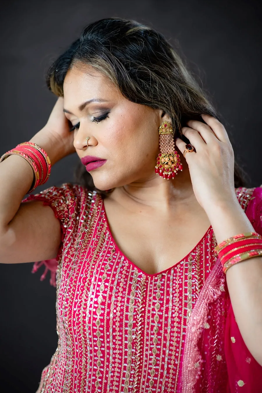 Hot Pink Shirt and Multicolor Gharara Pant Suit.