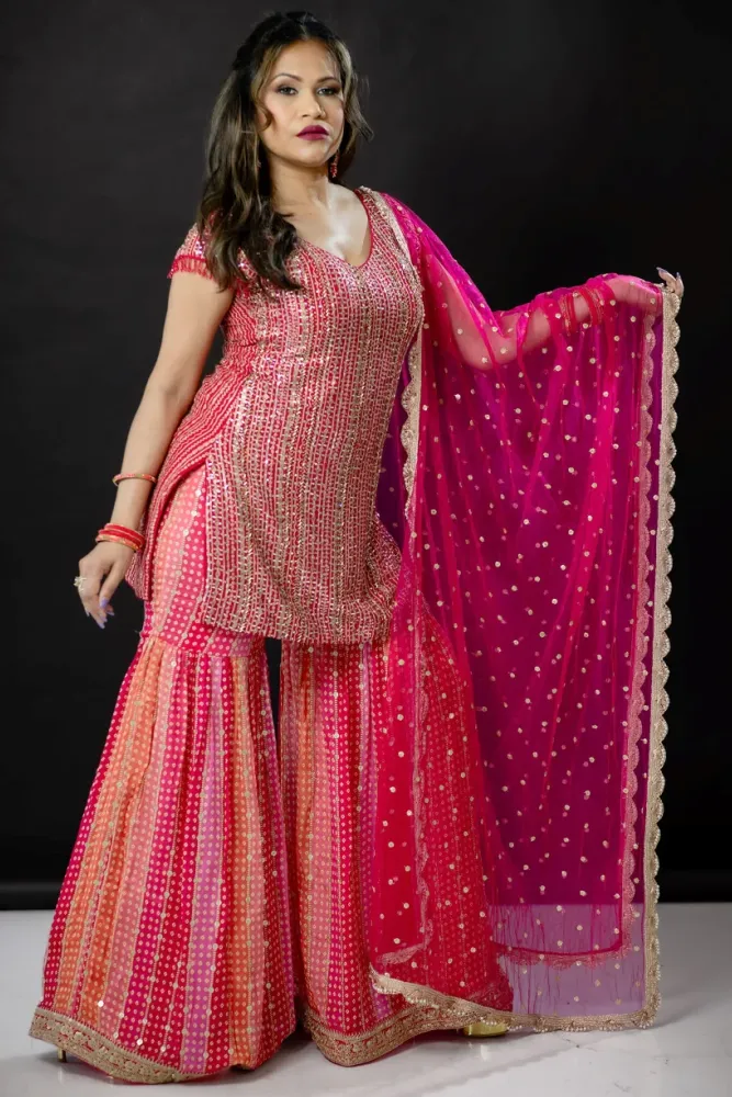 Hot Pink Shirt and Multicolor Gharara Pant Suit.