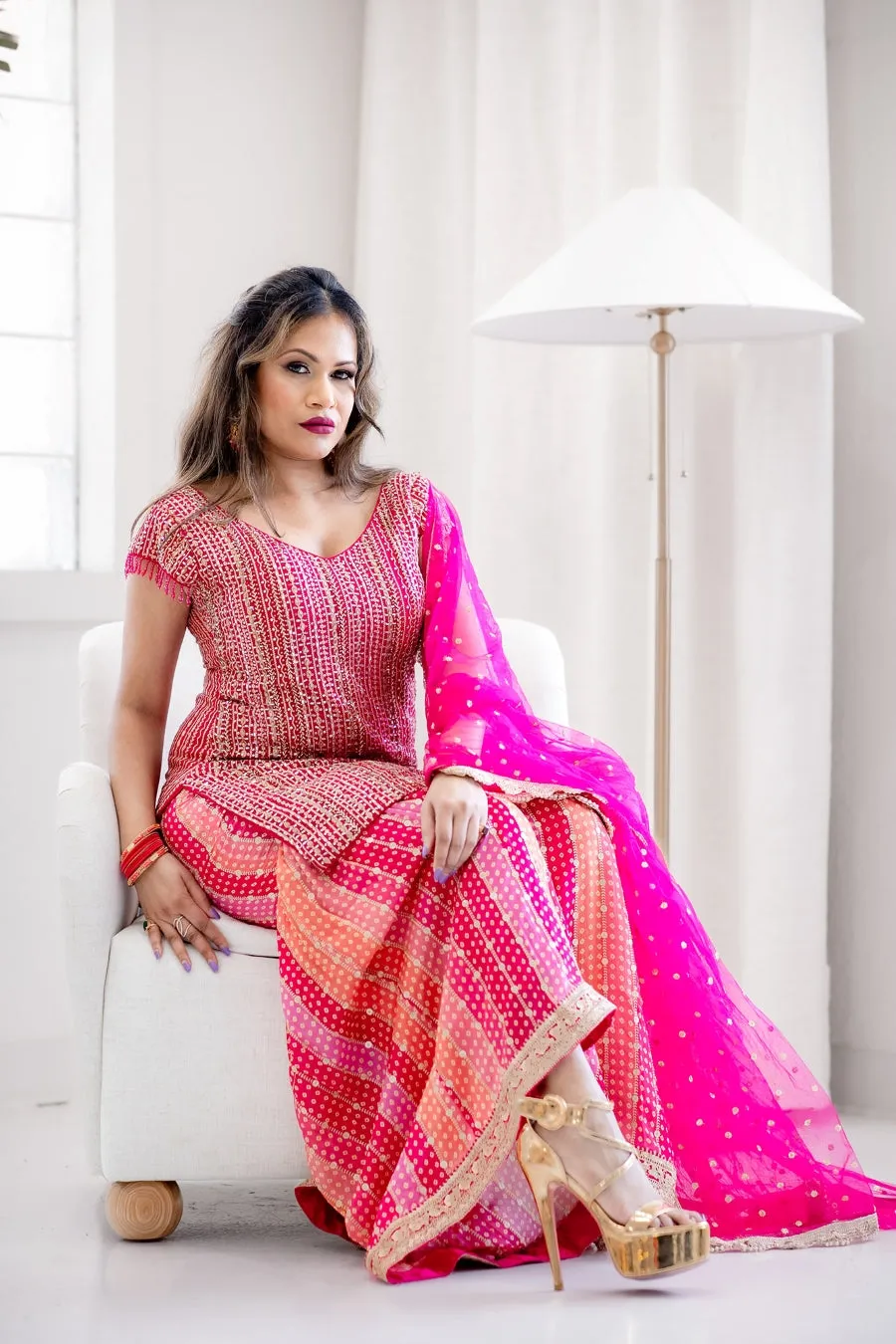 Hot Pink Shirt and Multicolor Gharara Pant Suit.