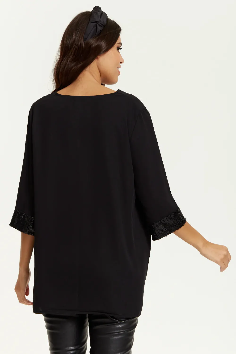 Hoxton Gal Oversized V Neck Sequin Detailed Satin Top