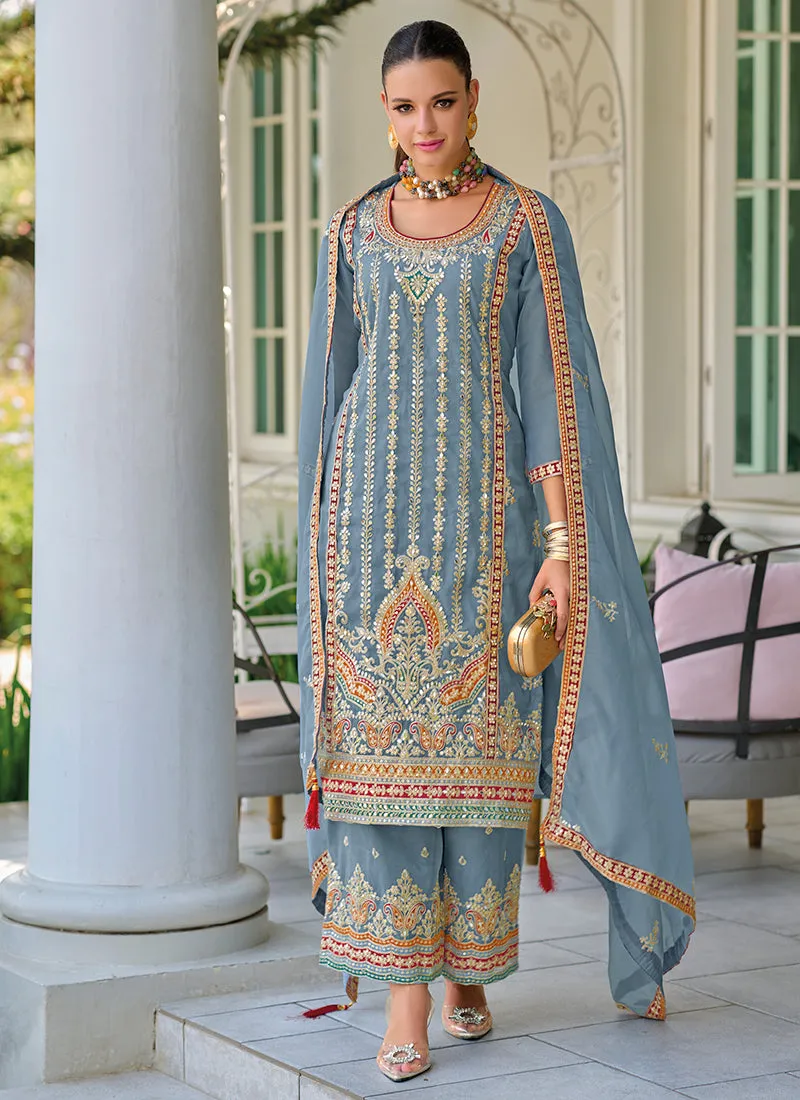 Ice Blue Multi Embroidery Traditional Salwar Kameez Suit