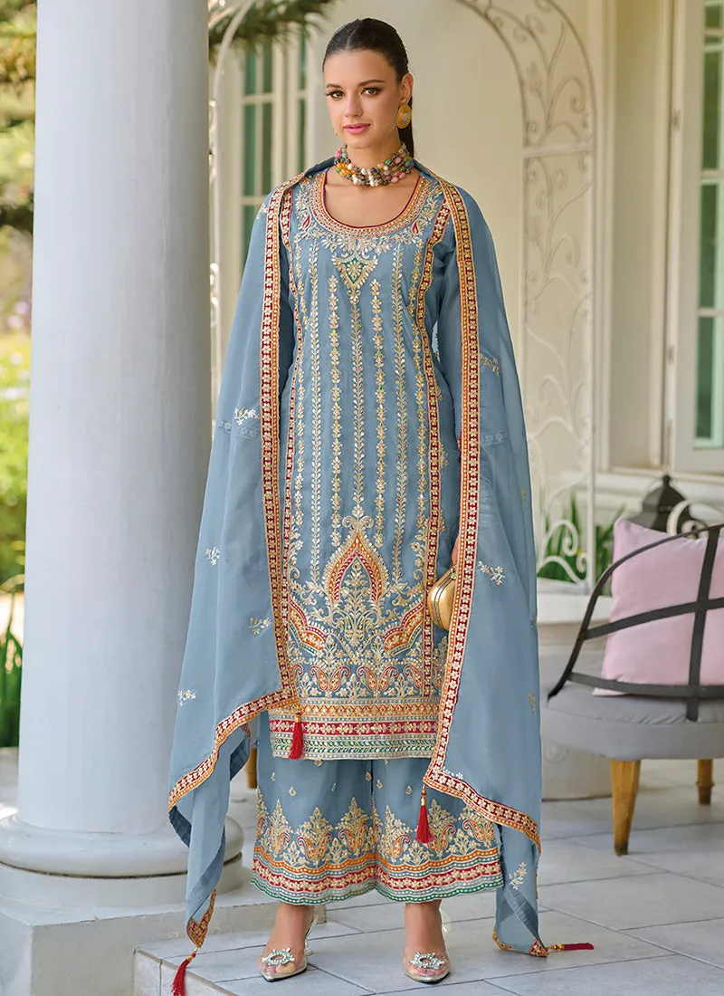 Ice Blue Multi Embroidery Traditional Salwar Kameez Suit