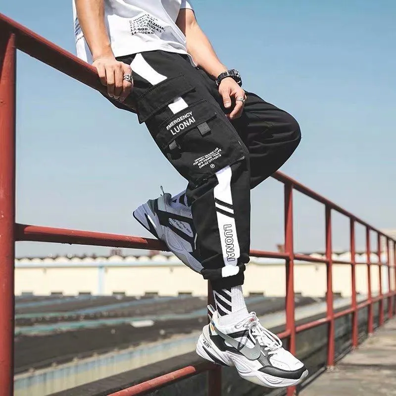 Japanese Trendy Men Casual Pants Loose Jogger Young Sporty Multi-Pockets Cargo Pants