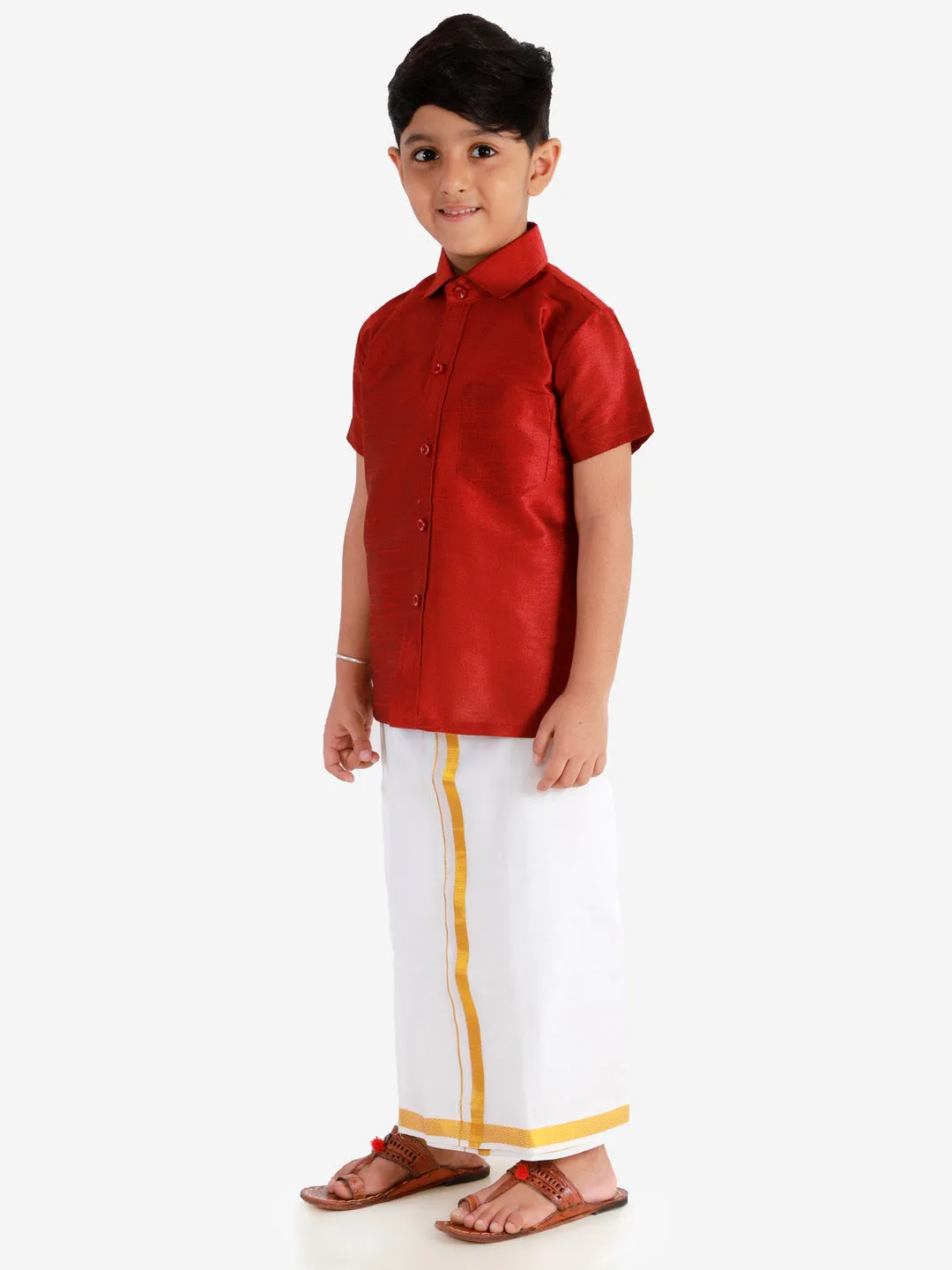 Jashvi Men's & Boys Maroon Solid Silk Blend Half Sleeve Ethnic Shirt And Mundu Set