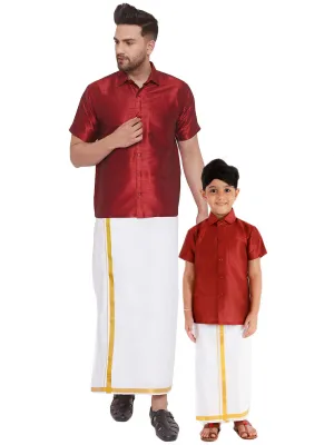 Jashvi Men's & Boys Maroon Solid Silk Blend Half Sleeve Ethnic Shirt And Mundu Set