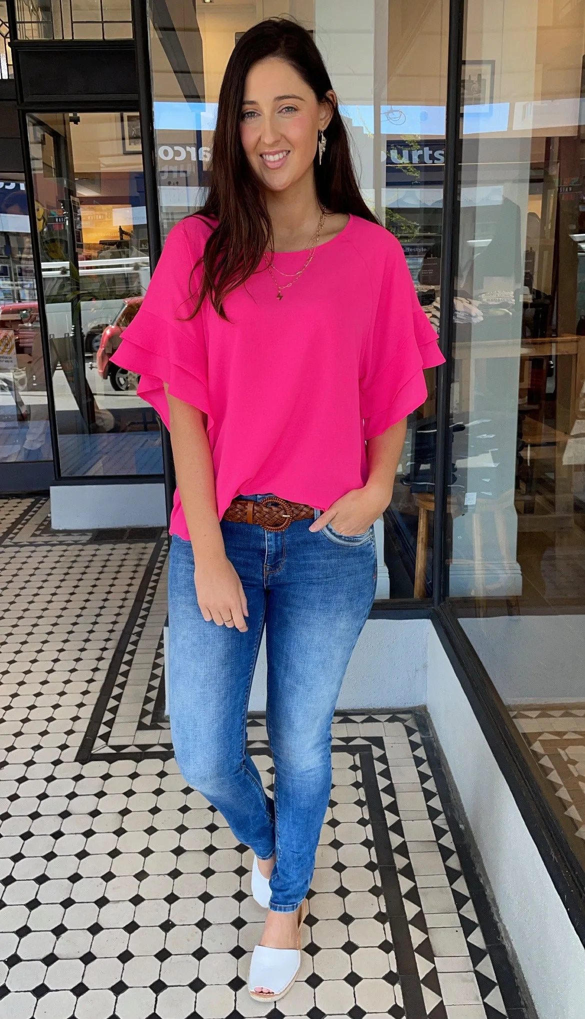 Jaz Ruffle Sleeve Top  Hot Pink