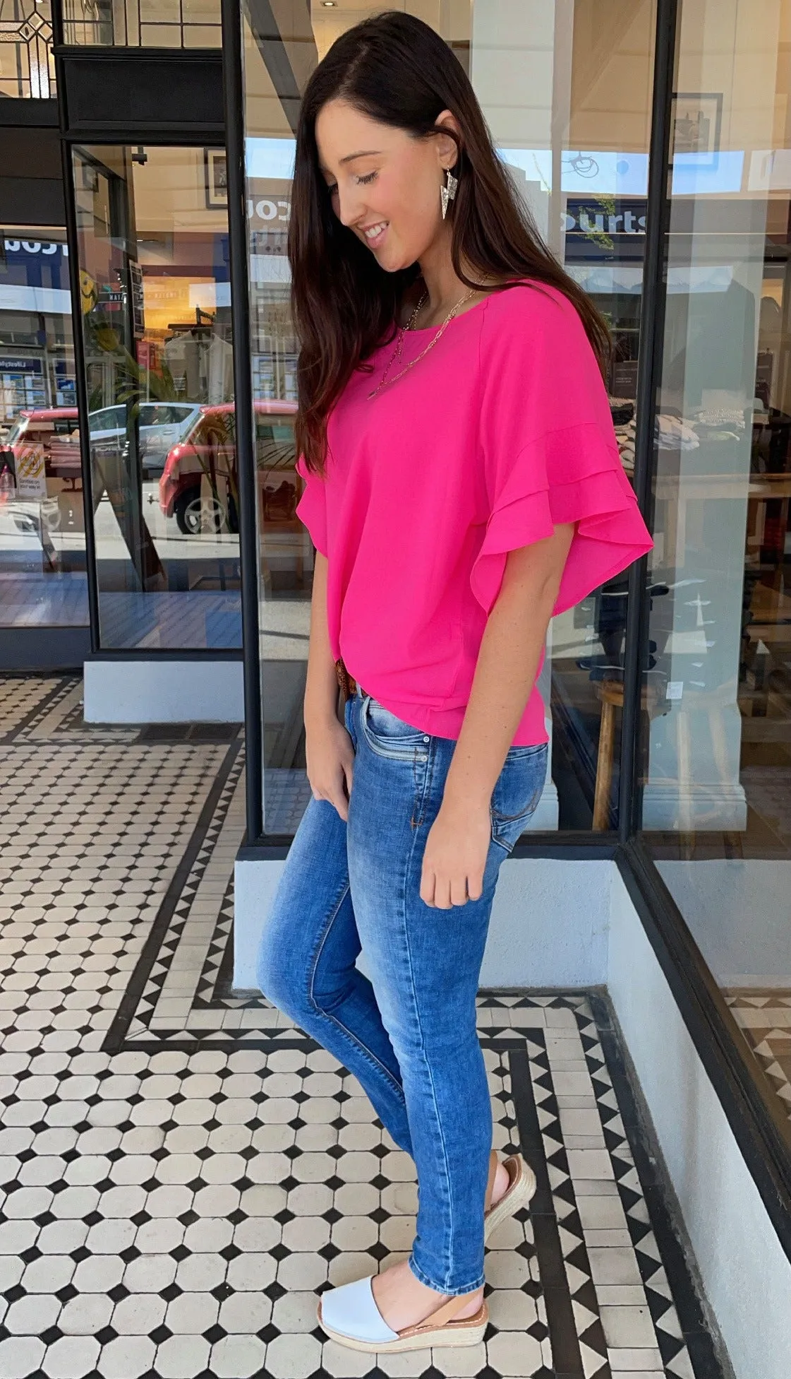 Jaz Ruffle Sleeve Top  Hot Pink