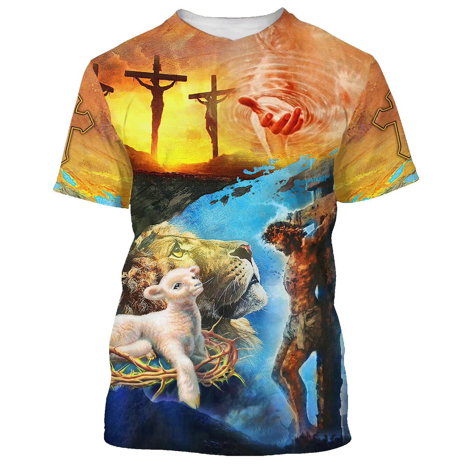 Jesus Christ Crucified Lion And The Lamb 3d T-Shirts - Christian Shirts For Men&Women