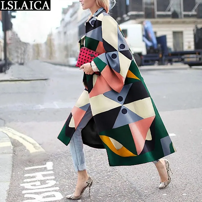 Joskaa Casual Lapel Trench Coat For Women Autumn Winter Fashion Print Loose Warm Long Coat Plus Size High Street Style Ladies Overcoats