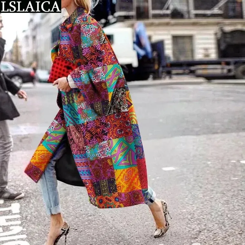 Joskaa Casual Lapel Trench Coat For Women Autumn Winter Fashion Print Loose Warm Long Coat Plus Size High Street Style Ladies Overcoats