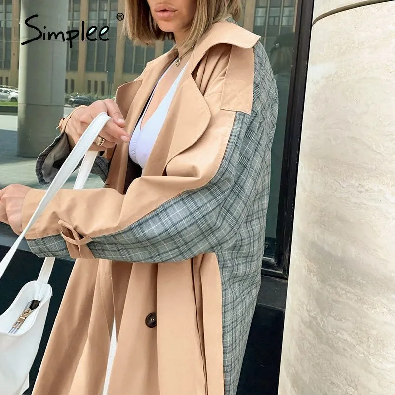 Joskaa Casual lapel women trench coat Double breasted stitching plaid female long trenches High street style ladies overcoats