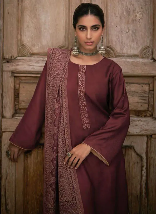 Kesar Unstitched Maroon Pashmina Winter Suit Material for Ladies