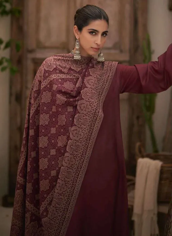 Kesar Unstitched Maroon Pashmina Winter Suit Material for Ladies