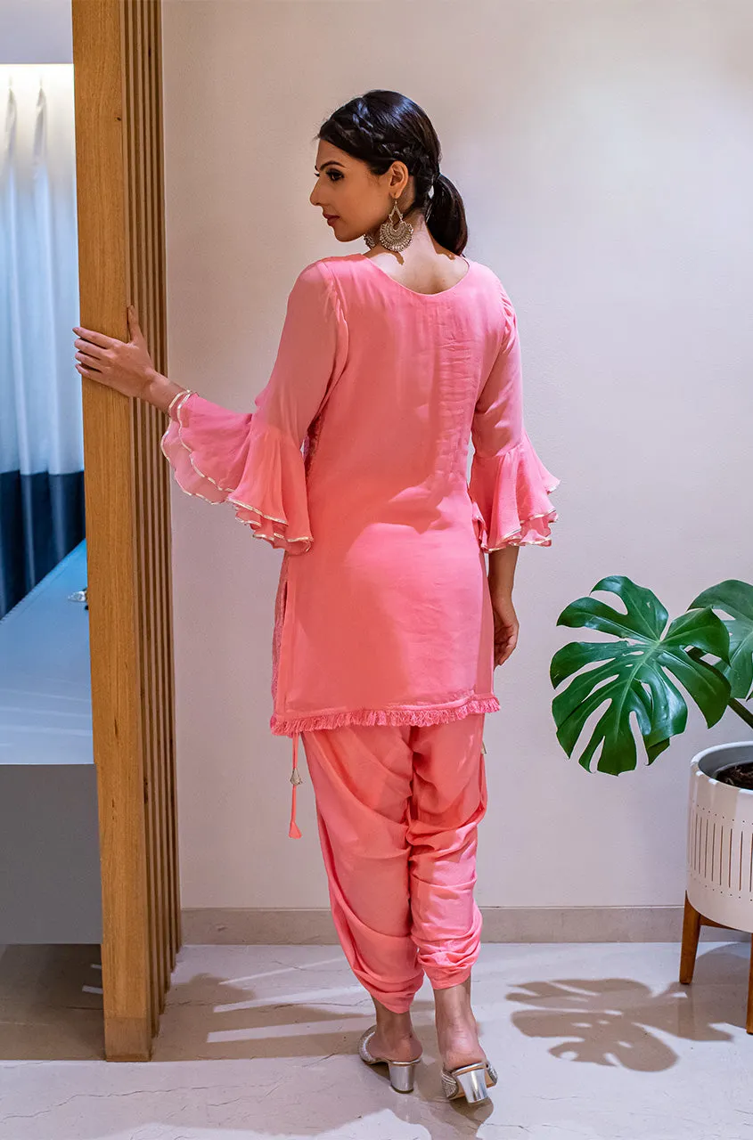 Kudi with a Swag!! - Lucknowi Kurta with Tulip Pants - Pink