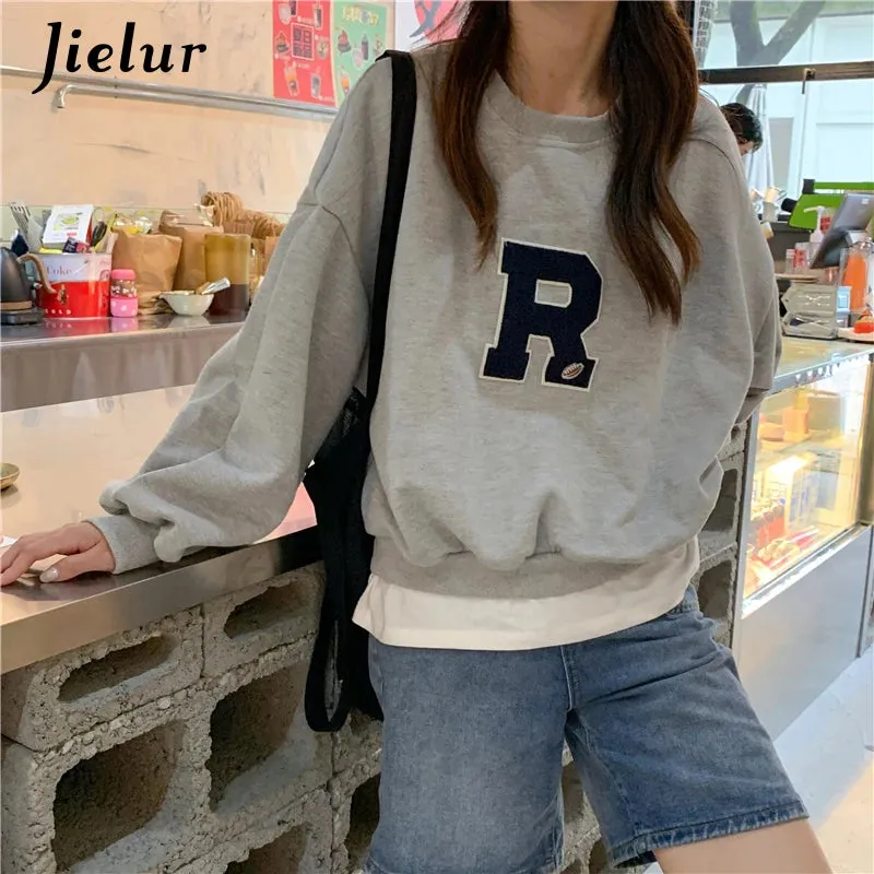 Lantern Sleeve Sweatshirts Women Apricot Loose Simple Letter R Embroidery O-neck Long Sleeve Tops Streetwear Hoodies M-XL