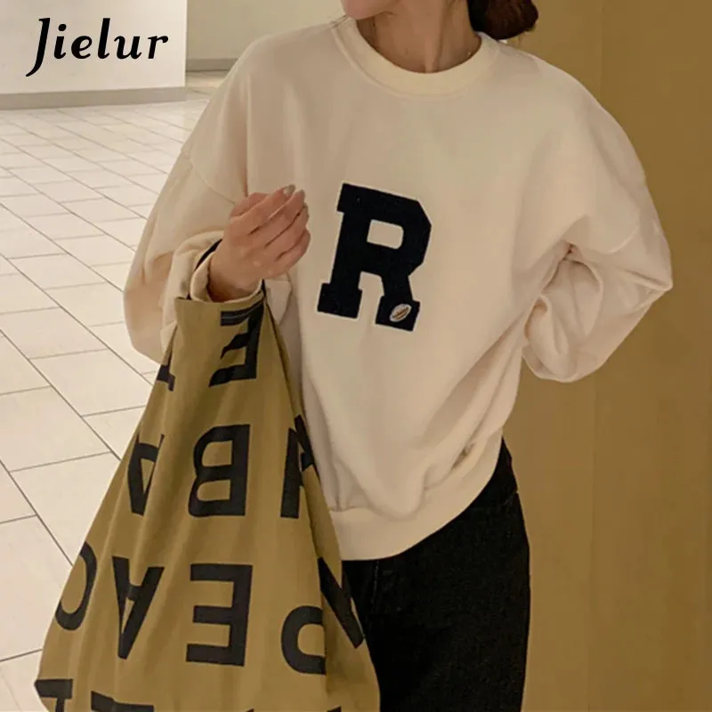 Lantern Sleeve Sweatshirts Women Apricot Loose Simple Letter R Embroidery O-neck Long Sleeve Tops Streetwear Hoodies M-XL