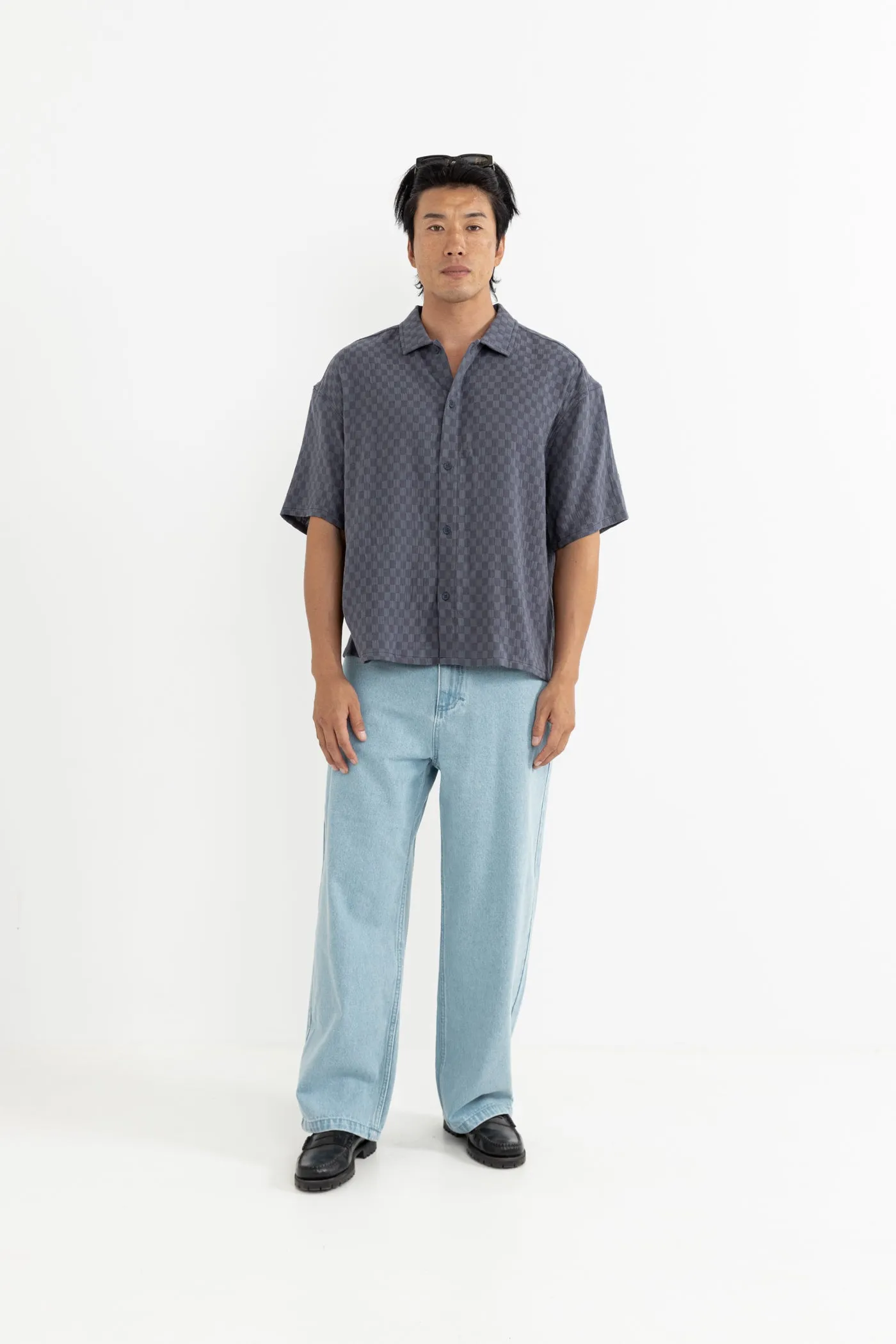 Leads Relaxed Check Ss Shirt Blue Sea