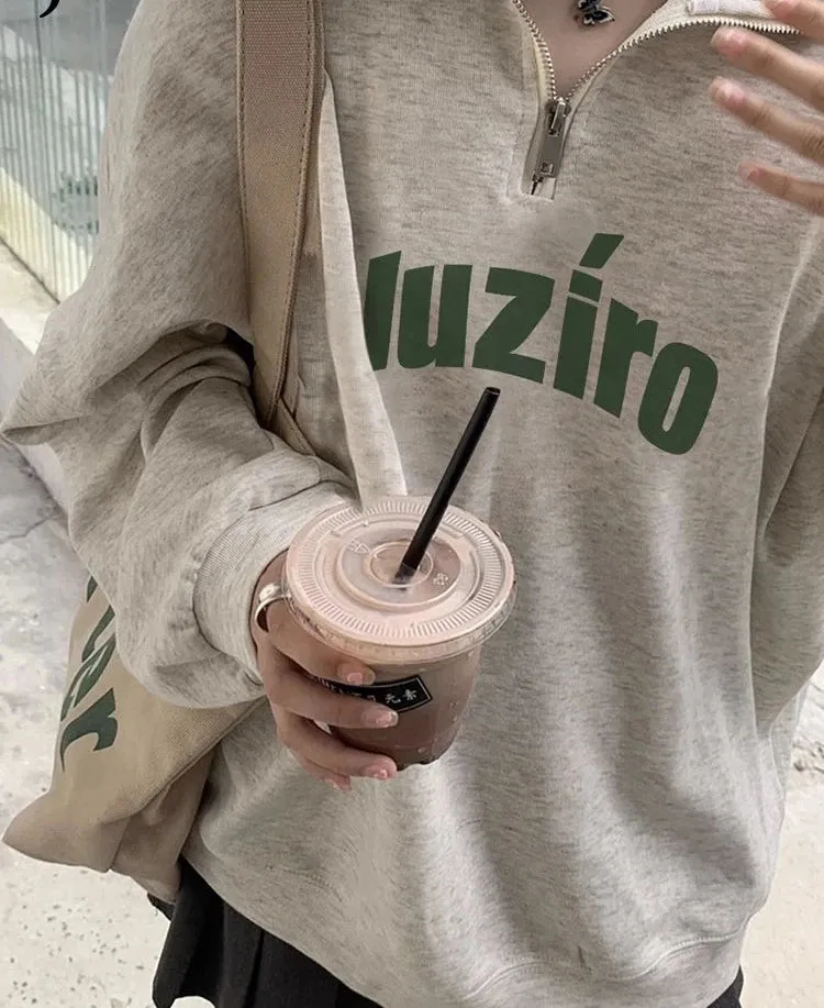 Letter Printed Polo Neck Female Hoodies Fashion Streetwear Spell Color Zipper Simple Casual Women's Hoodies Office Ladies