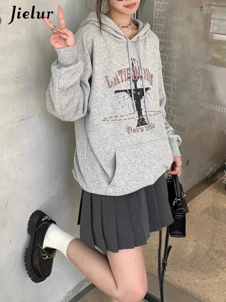 Light Grey Chic Hooded Drawstring Female Hoodies New Fashion Printing Basic Pure Color Simple Loose Casual Women Hoodies