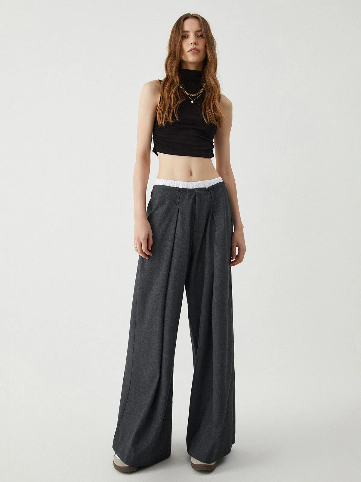 Loose Contrast Binding Trendy Wide Leg Pants