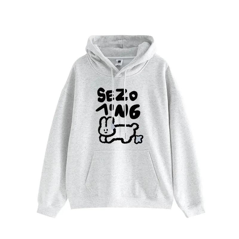 Lovely Hooded Drawstring Chicly Printing Women Hoodies High Street Simple Loose Casual Pure Color Fashion Female Hoodies