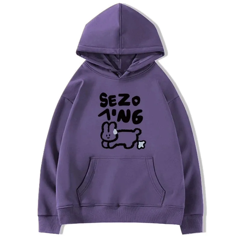 Lovely Hooded Drawstring Chicly Printing Women Hoodies High Street Simple Loose Casual Pure Color Fashion Female Hoodies