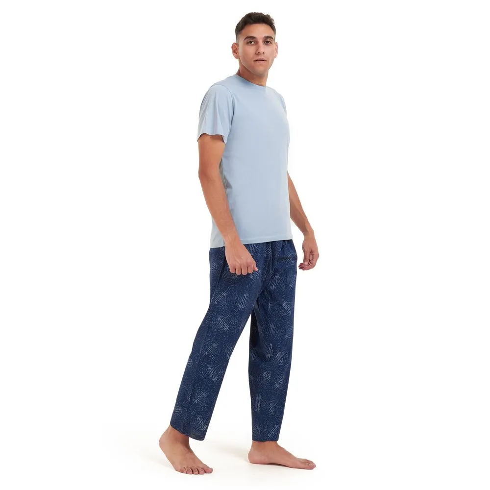 Men summer pajama set Light blue t-shirt  Dark blue x aqua lines Pants