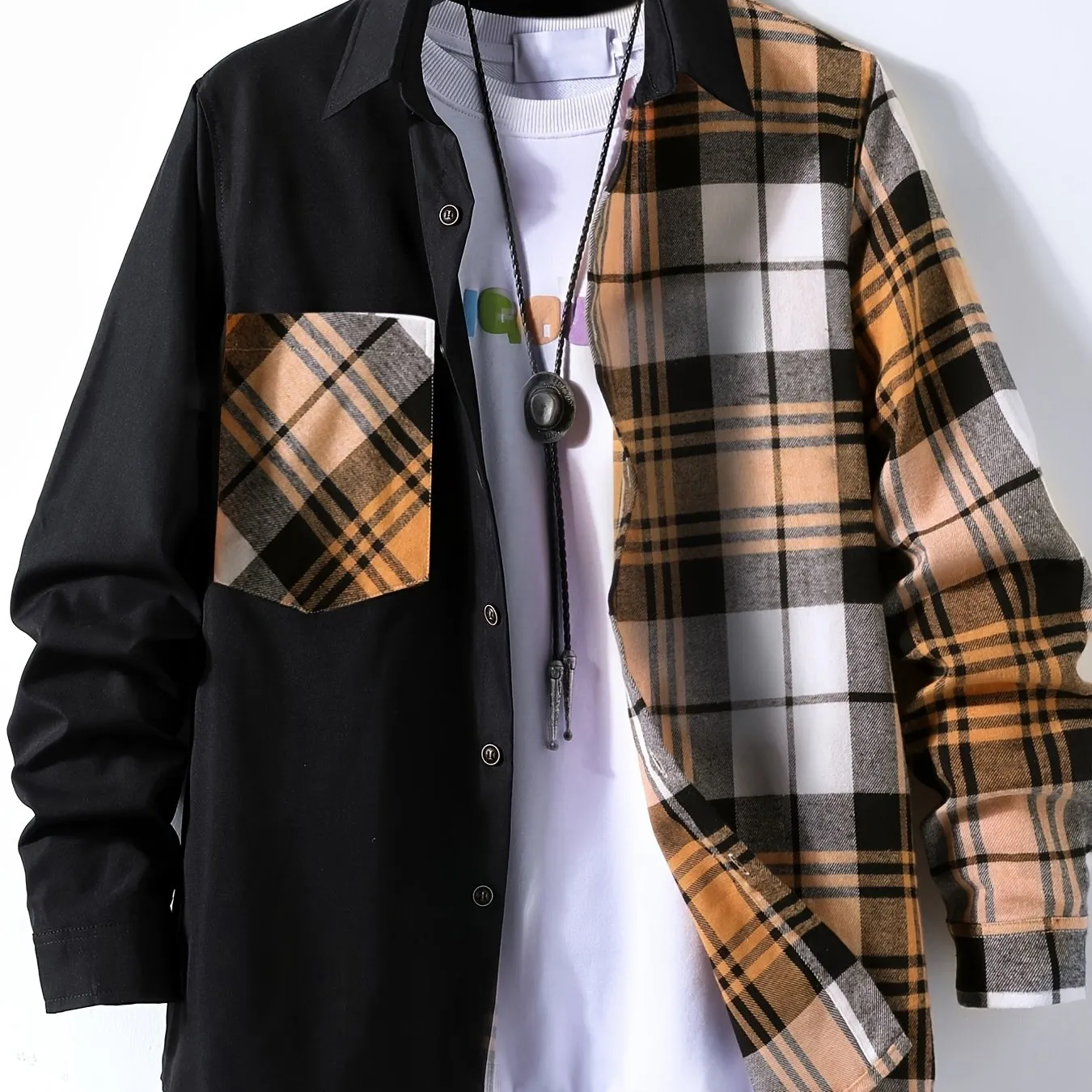 Men's Stylish Contrast Color Plaid Panel Long Sleeve Shirt