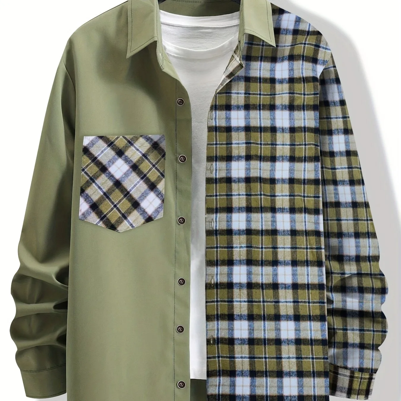 Men's Stylish Contrast Color Plaid Panel Long Sleeve Shirt