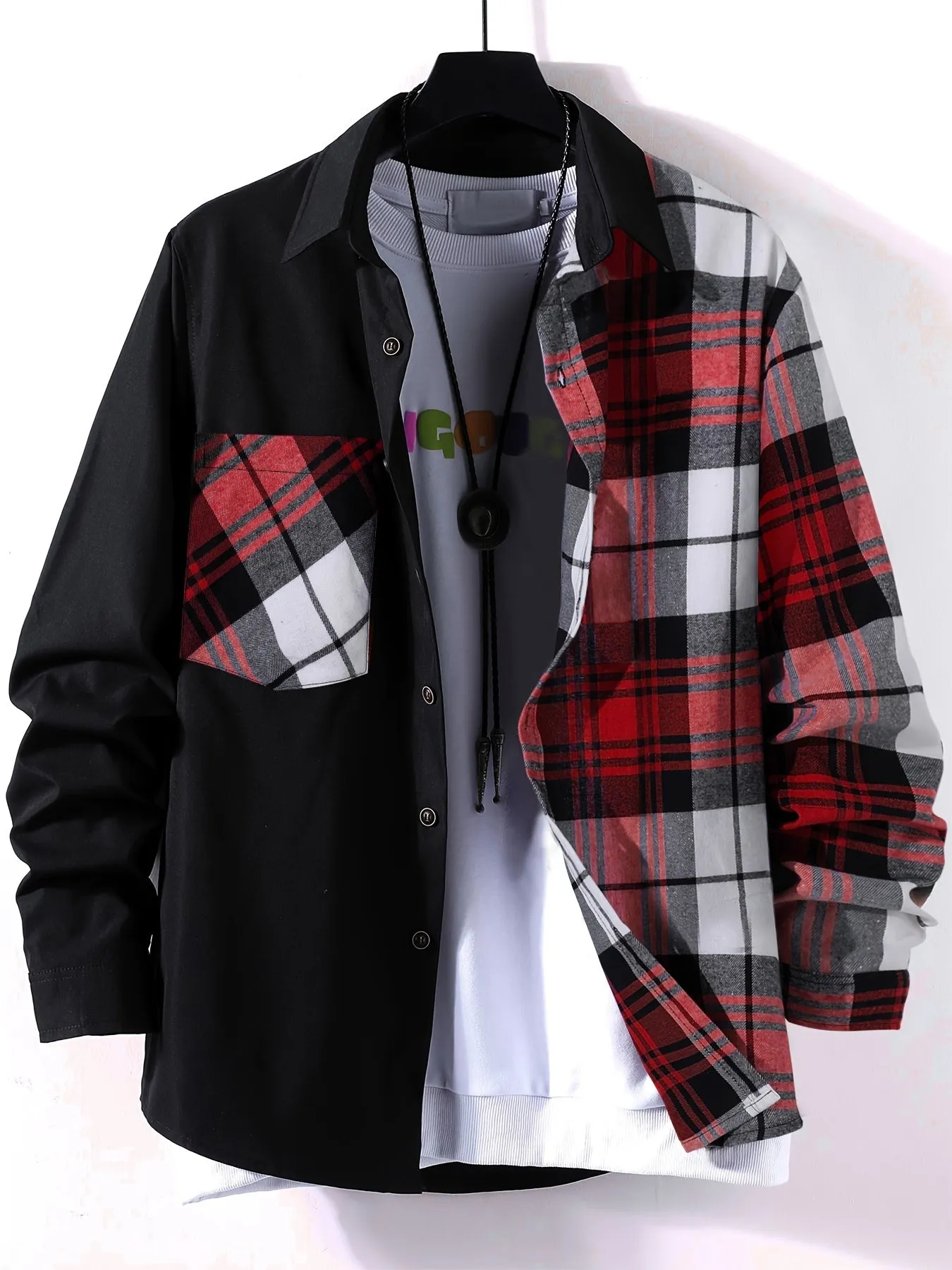 Men's Stylish Contrast Color Plaid Panel Long Sleeve Shirt