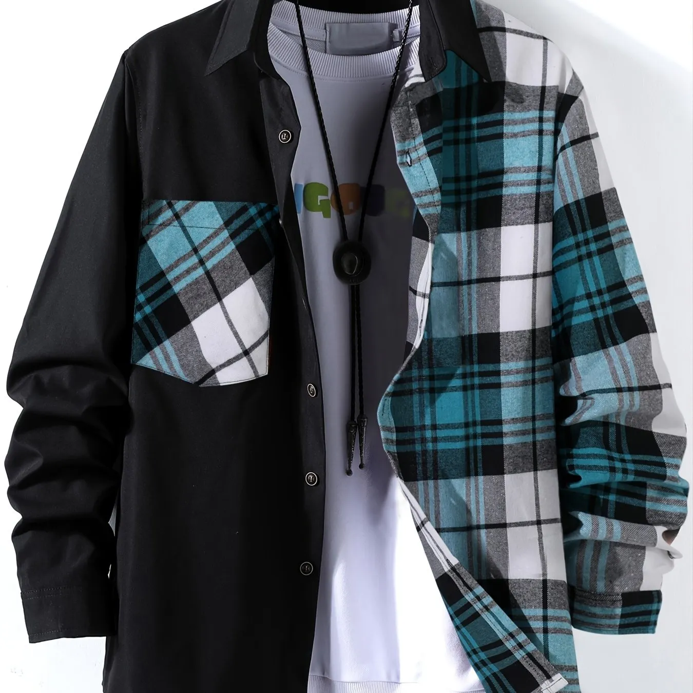 Men's Stylish Contrast Color Plaid Panel Long Sleeve Shirt